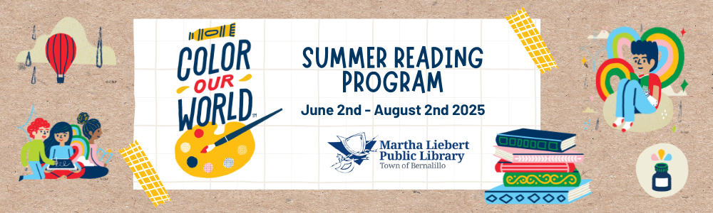 The Color Our World official logo with the text "Summer Reading Program, June 2nd - August 2nd" and the Martha Liebert Public Library logo. There are images of children reading books with fun graphical elements like rainbows and clouds.